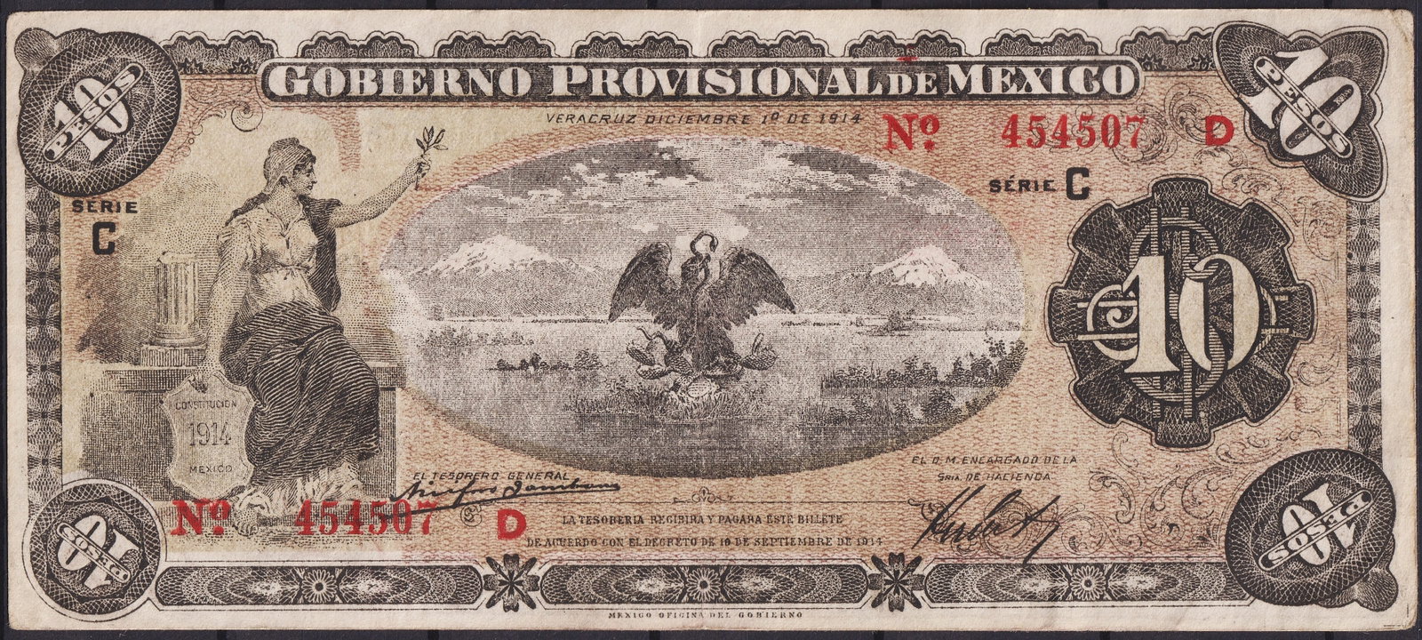 Mexico 1914 Provisional Government 10 Pesos Banknote Veracruz Issue: This 10 Pesos banknote, issued under the Provisional Government of Mexico in Veracruz on December 1, 1914, stands as a remarkable artifact of the Mexican Revolution, a period marked by political uphea