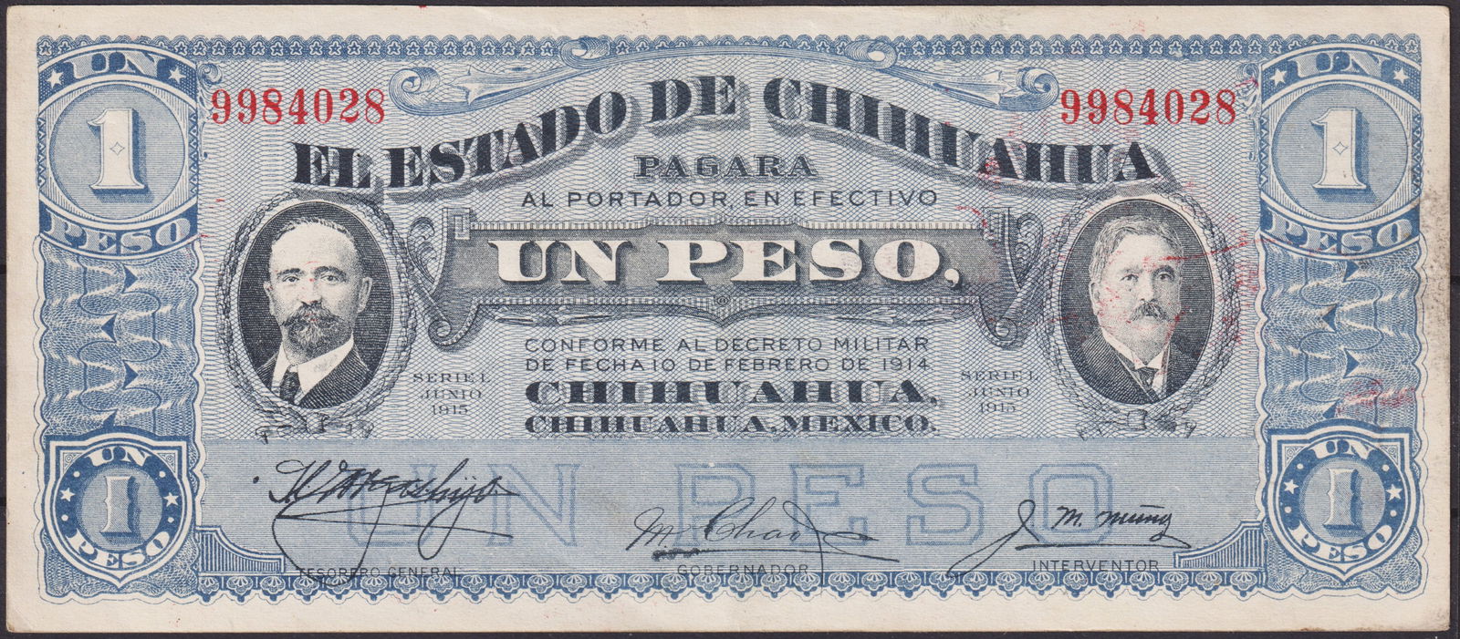 Mexico Chihuahua State 1 Peso Banknote 1915 Blue Issue Revolutionary Note (1 of 2)