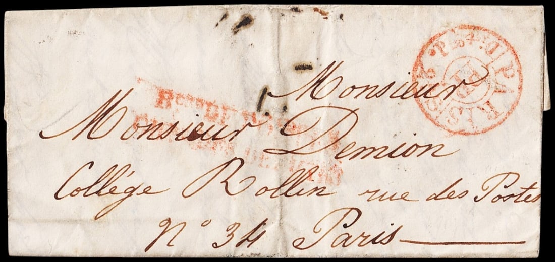 1843 Folded letter to Collège Rollin, Paris, red Paris transit: This folded letter, dated 1843, was addressed to Monsieur Demion at the prestigious Collège Rollin, located on Rue des Postes, No. 34 in Paris. The envelope bears a clear red Paris circular date stam