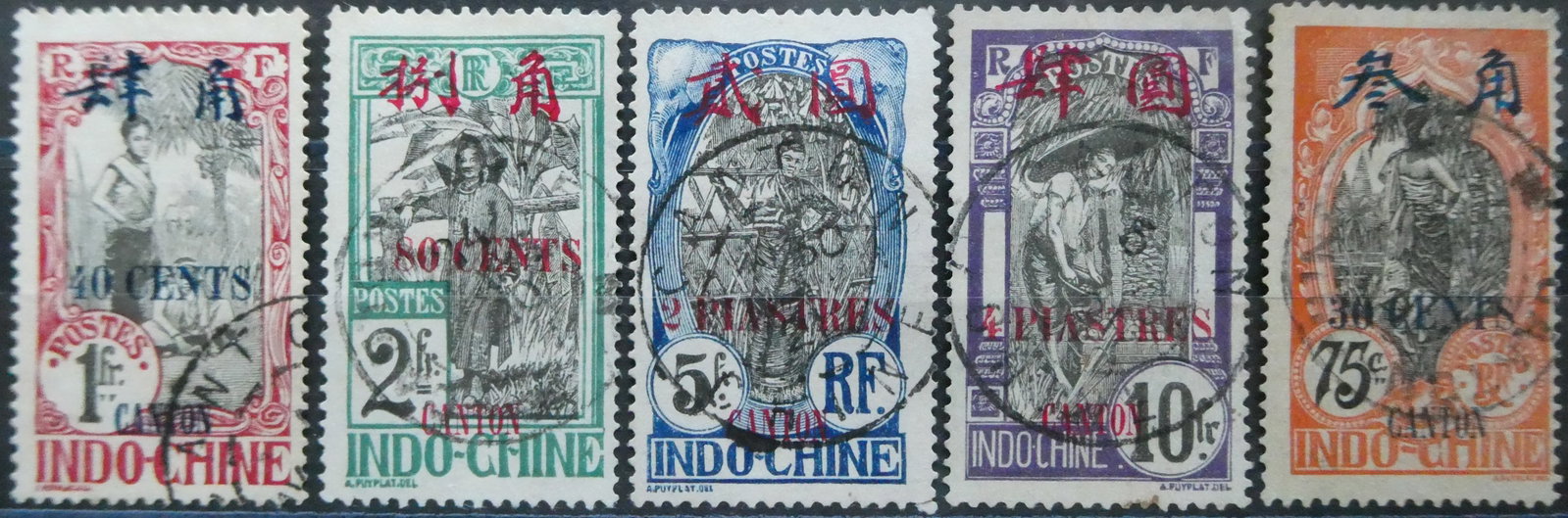 1919 Indo-China Canton OVP Piastre & Cent, Scott Fr-CAN 60, 77, 79–81 FU: Indochina 1919, Sino-French Post Office issue in Canton featuring overprints on the “Indochinese Women” definitive series. These typographed stamps, issued by the Imperial Printing Office (Imp
