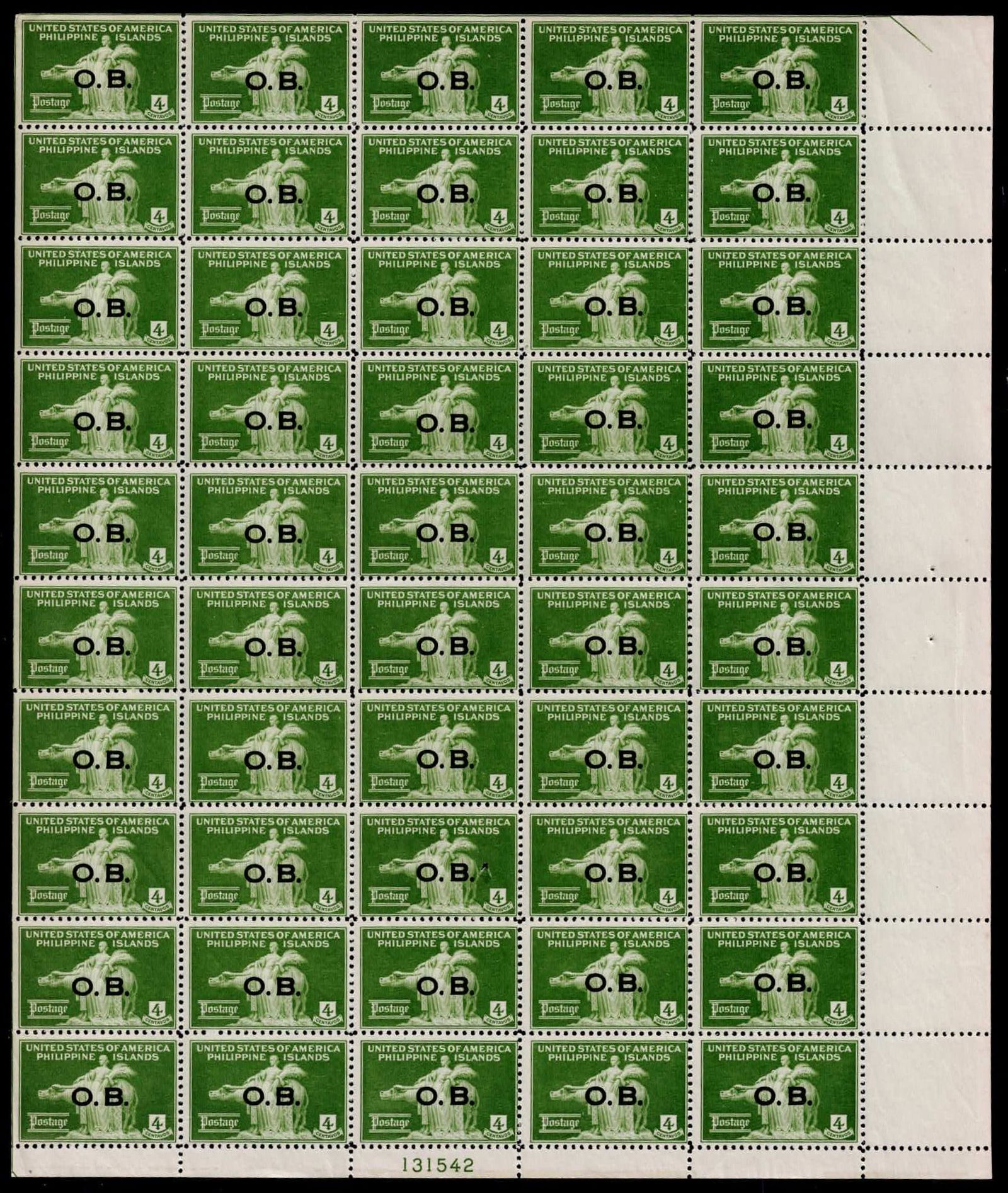 1935 Philippines Official 4c Carabao and Woman Green Sheet, No Period After B scott O16a (1 of 2)