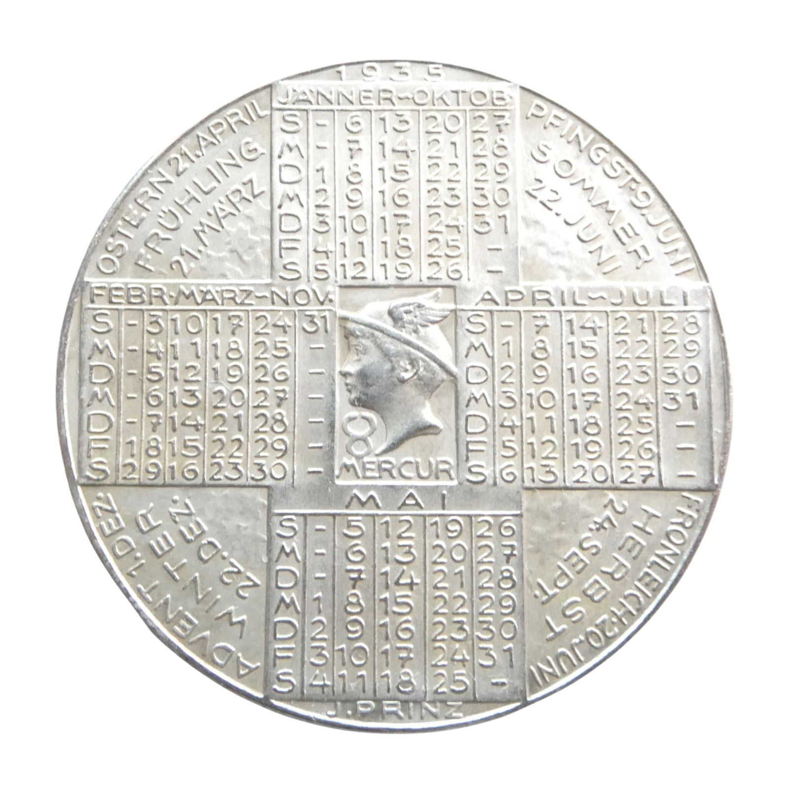 1935 Austrian Silver Calendar Medal by J. Prinz, Mercury & Zodiac Design (1 of 2)