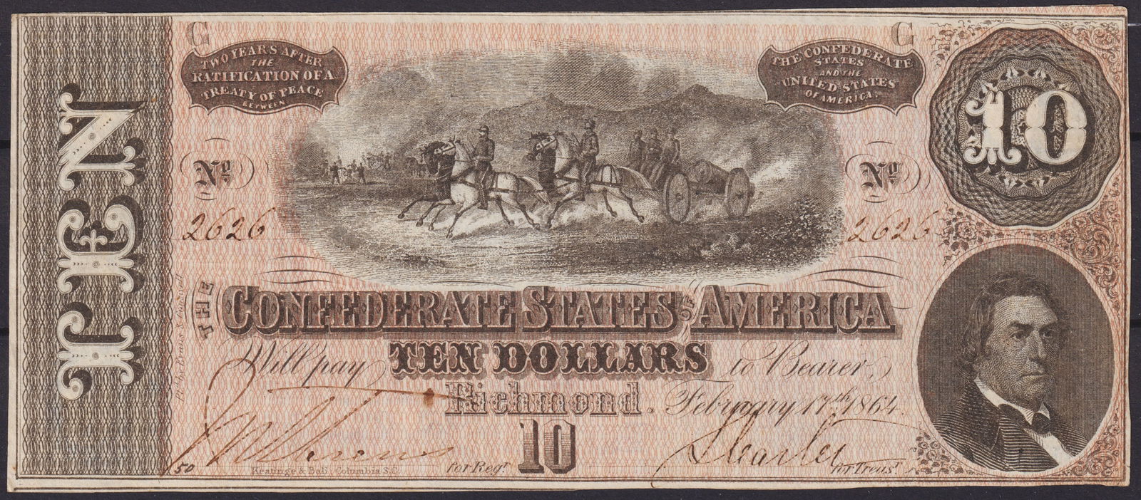 Confederate States of America 1864 $10 Richmond T-68 Hunter Portrait Crisp Blue Reverse (1 of 2)