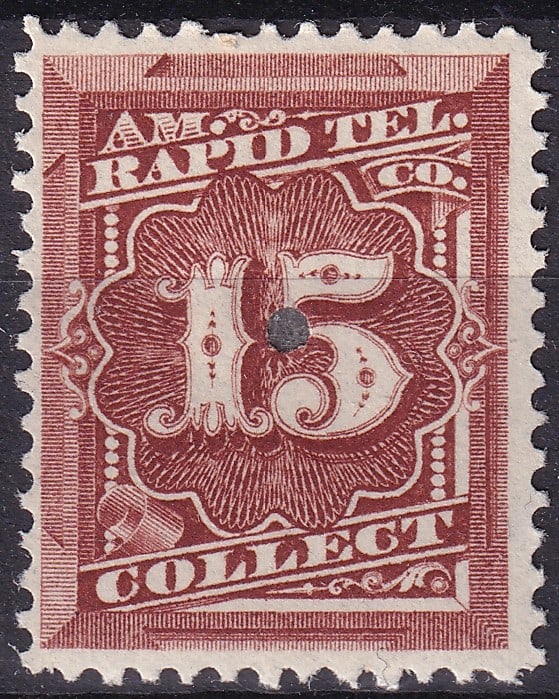 US 1881 Telegraph 15c brown lake, Am. Rapid Tel. Co., Scott 1T11: Issued in 1881, this 15 cent telegraph stamp was produced by the American Rapid Telegraph Company for internal accounting of telegram fees. Printed by the American Bank Note Company in a rich brown la
