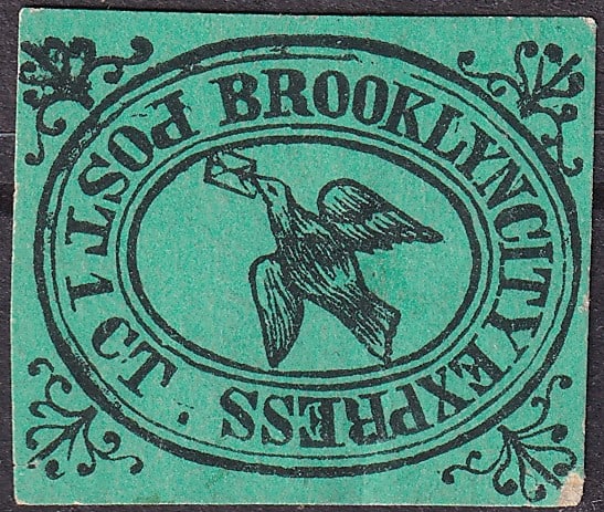 Brooklyn City Express Post 1 cent Black on Green Local Post Stamp c.1860 (1 of 2)