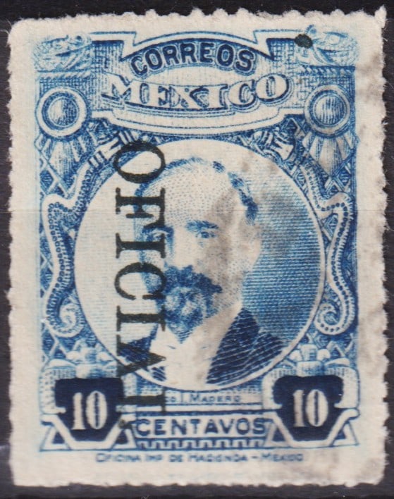 Mexico 1921 Official Stamp 10c Blue with Black Overprint Scott O150: This rare Mexican Official stamp, issued in 1921, bears the black vertical downward overprint "OFICIAL" measuring 18.3 mm with dot, applied to the engraved portrait of Francisco I. Madero, one of Mexi