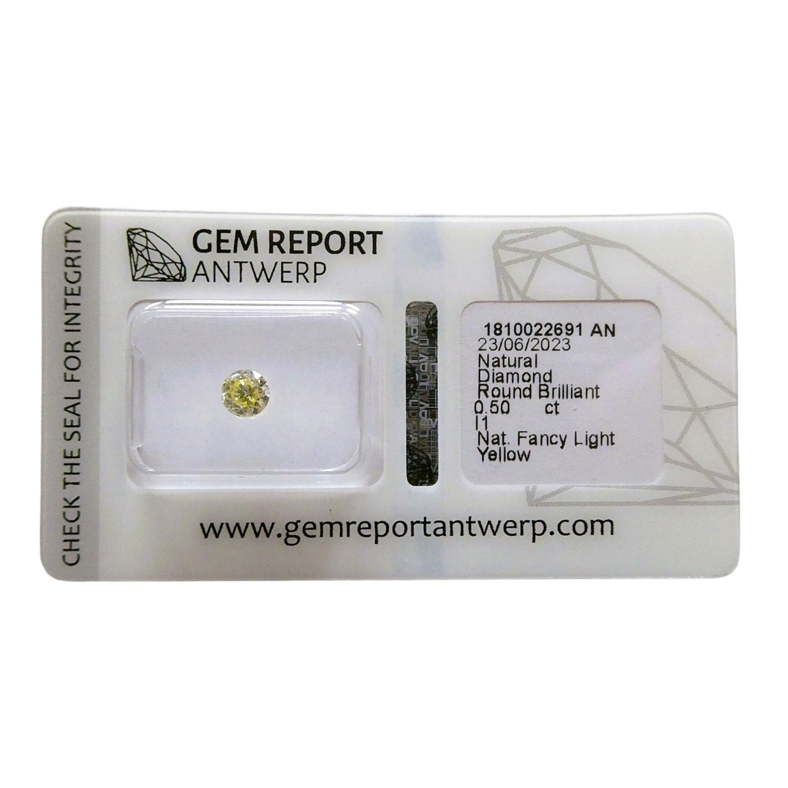 Gem Report Antwerp 0.50 ct Fancy Light Yellow Diamond, I1 Brilliant (1 of 5)