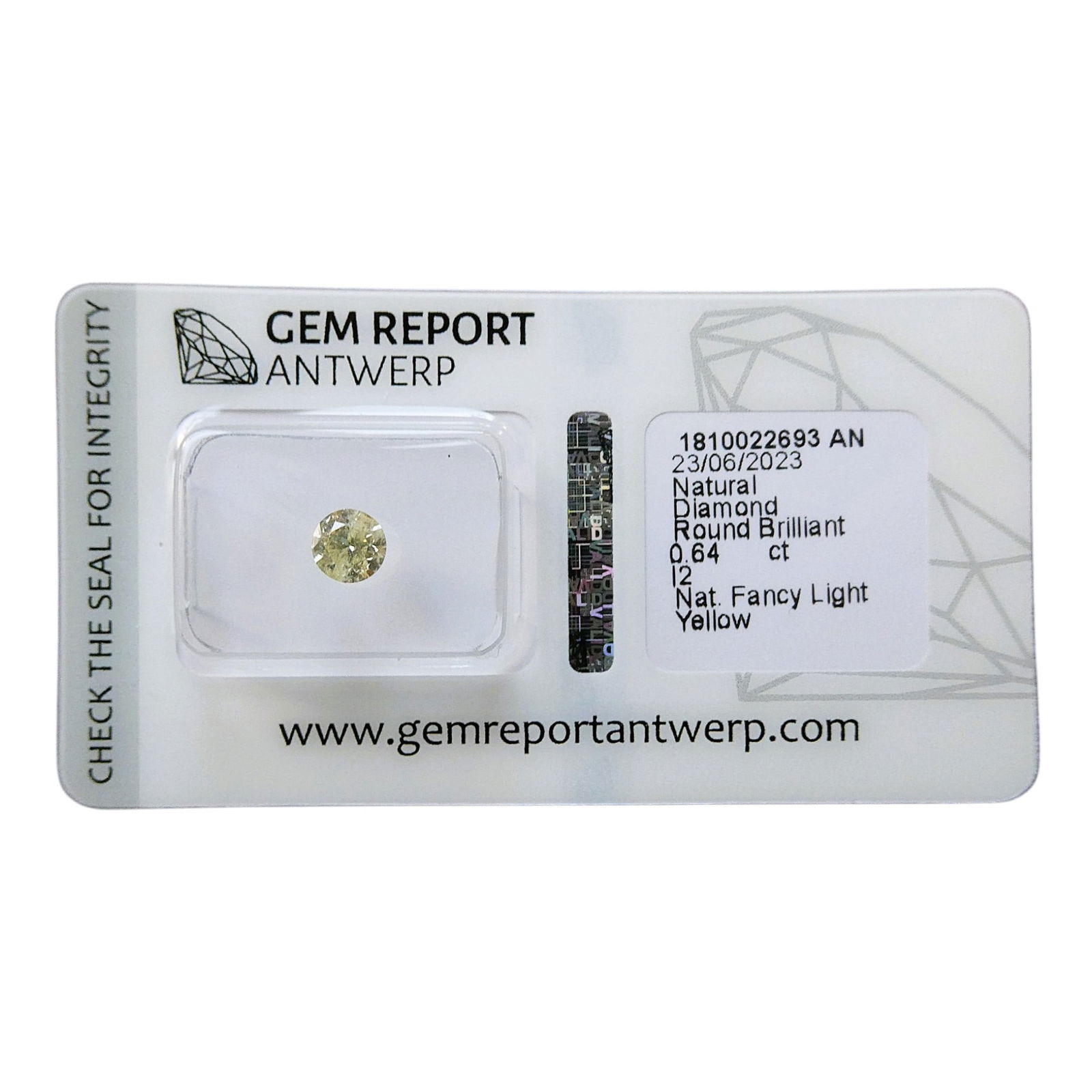 0.64 ct Fancy Light Yellow Diamond, Round Brilliant, GR Antwerp I2 (1 of 5)