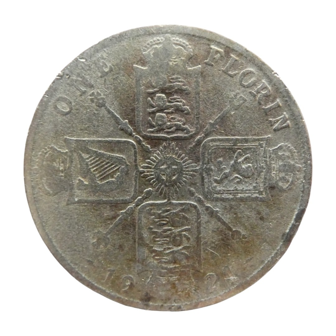 1921 One Florin, King George V, .500 silver, United Kingdom: This 1921 British Florin is a silver circulation coin issued under the reign of King George V and struck in .500 fine silver. The obverse features a left-facing portrait of George V by Sir Bertram Mac