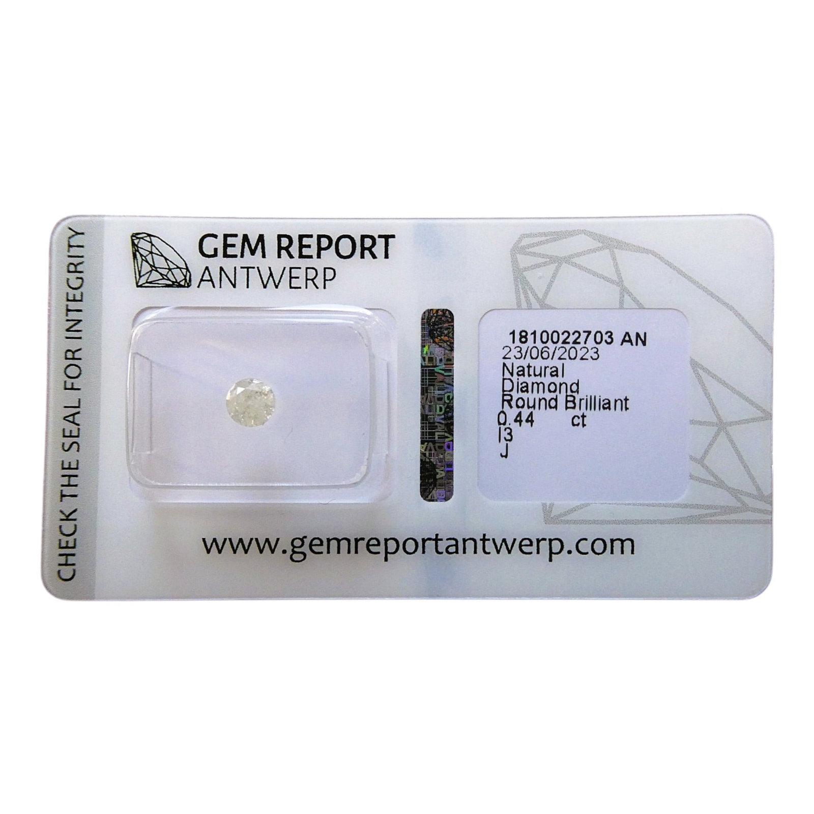 Gem Report Antwerp Round Brilliant Natural Diamond, 0.44 ct, I3 Clarity, J Color: This is a certified natural round brilliant-cut diamond, evaluated by GEM REPORT Antwerp on June 23, 2023, under the report number 1810022703 AN. The diamond weighs 0.44 carats and has a J color grade