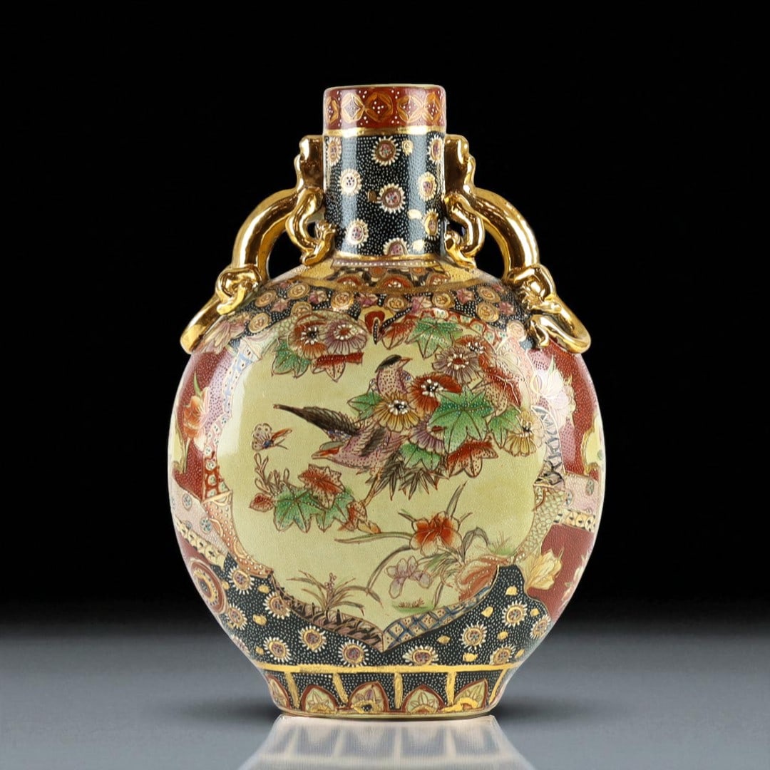 Japanese Satsuma-style moon flask with floral and bird decoration, c. 1900: A decorative Japanese Satsuma-style moon flask from the early 20th century, standing 36 cm tall. The body features an intricate polychrome enamel and gilt decoration of birds among chrysanthemums and