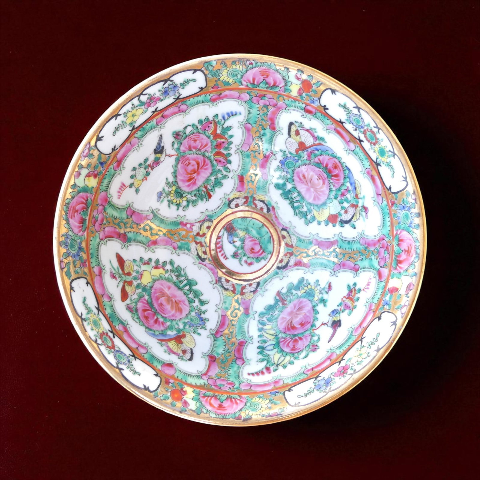 Fine Chinese Canton Famille Rose Porcelain Bowl, 19th Century: A delicate Chinese porcelain bowl decorated in the Canton Famille Rose palette, dating to the 19th century. The bowl is finely hand-painted with vibrant enamels in pink, green, turquoise, yellow, and 
