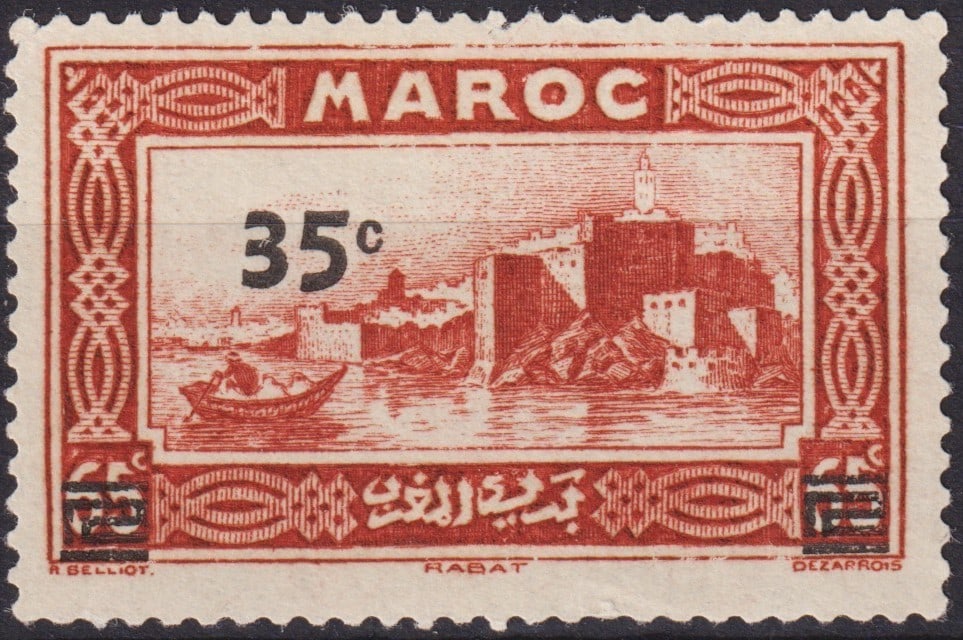 French 1940 Morocco 35c Red-Brown Rabat Surcharge, Scott 176: Issued in 1940 as part of the Landscapes and Monuments definitive series, this 35 centimes stamp of Morocco features a typographic surcharge applied to the original 25c design. Engraved by Antoine Dez