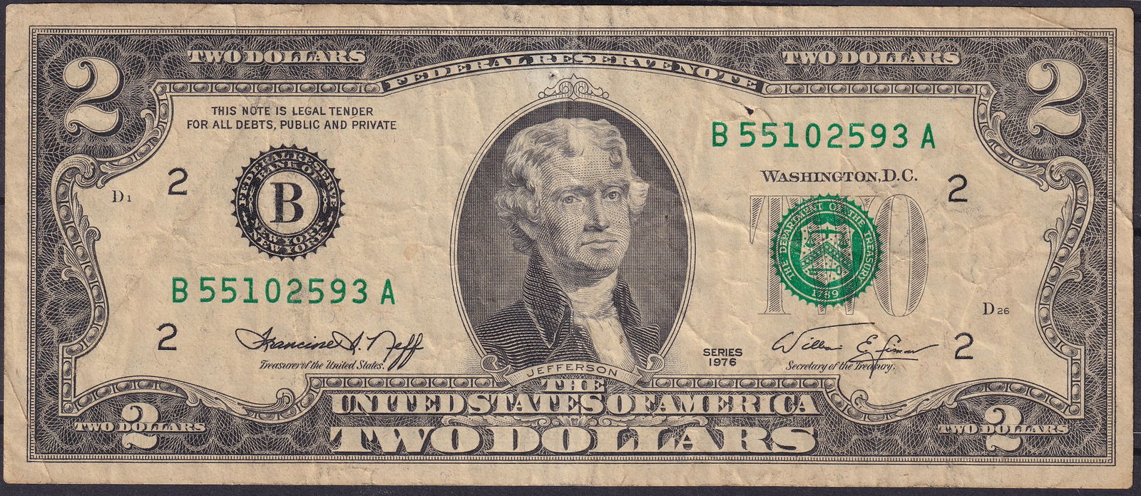 1976 United States $2 Federal Reserve Note Bicentennial B55102593A (1 of 2)