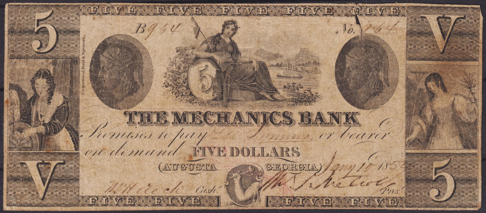 1852 USA Mechanics Bank Augusta Georgia $5 Obsolete Banknote (1 of 2)