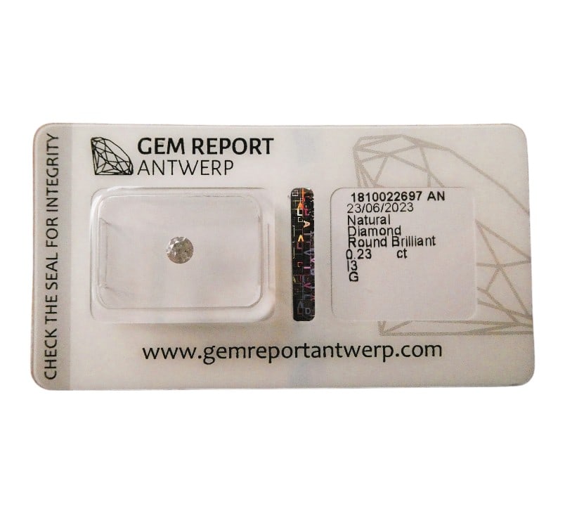 Natural Diamond, Round Brilliant Cut, 0.23 ct, Gem Report Antwerp: This is a certified natural diamond, issued by Gem Report Antwerp under certificate number 1810022697 AN, dated 23 June 2023. The stone is a round brilliant cut with a weight of 0.23 carats. It exhibi