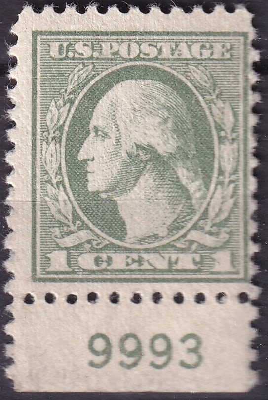 USA 1918 1¢ Washington Gray Green Stamp with Plate No. 9993 – Scott #525 MNH (1 of 2)