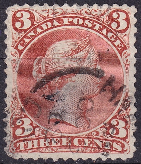 1868 Canada Large Queens 3 cent, Queen Victoria red, Scott 25 (1 of 2)