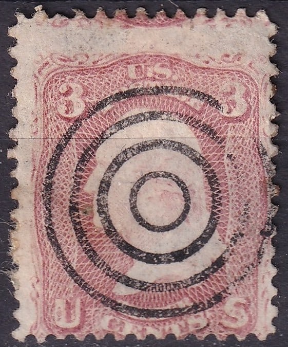 1861 3 cent Rose George Washington, US Scott #64, Bold Bullseye Cancel (1 of 2)