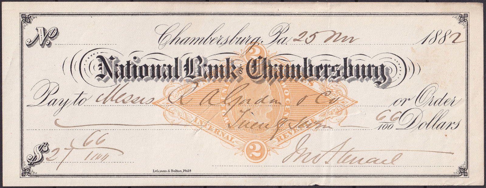 United States 1882 National Bank of Chambersburg Check RN-G1 Orange Revenue Imprint (1 of 3)