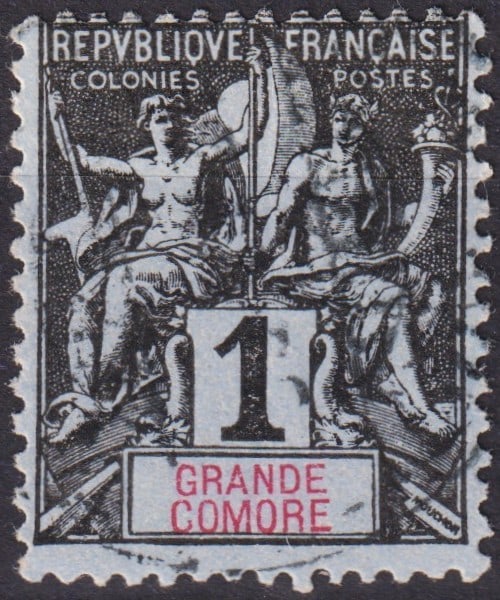 French Grand Comoro 1897 Scott #1 Navigation & Commerce 1c black/red (1 of 2)