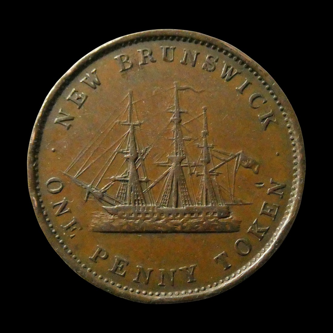 1843 New Brunswick One Penny Token, Copper, Victoria, Colnect GB-NB-000003: This 1843 New Brunswick One Penny Token represents an important pre-Confederation colonial issue, struck at the Royal Mint in London for circulation in the maritime province of New Brunswick. Produced
