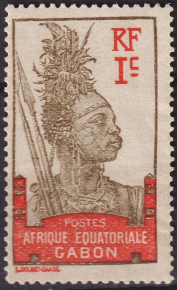 1911 French Gabon Warrior Definitive 1c Gray-Brown & Red, Scott #49c: Issued in January 1911 under French Equatorial Africa, this striking definitive from Gabon belongs to the celebrated “Warrior-Libreville-Bantu Woman” series. The design, created by L. Colmet-D