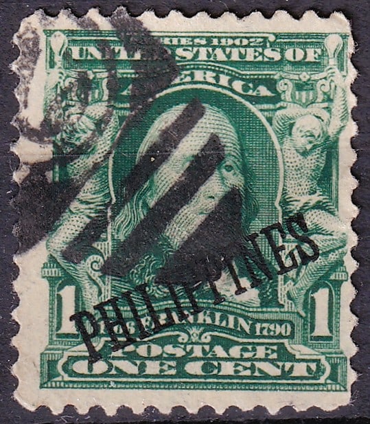 US 1903 Philippines Overprint on U.S. Franklin 1 cent, Green, Scott PH 226 (1 of 2)