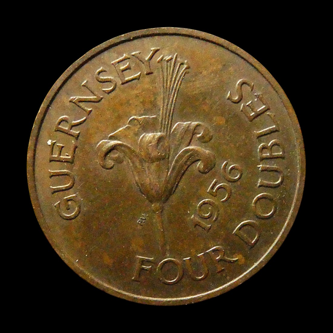 British Guernsey 1956 Four Doubles Bronze Coin with Crest and Lily (1 of 2)