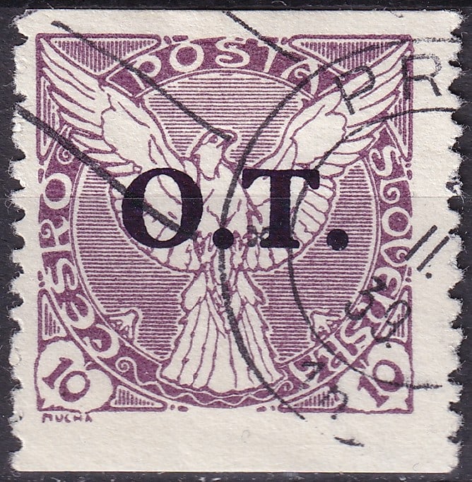 1934 Czechoslovakia Newspaper Stamp 10h Mucha Design Overprint O.T. (Michel CS 326): This 1934 Czechoslovakia newspaper stamp, denominated 10 halir and listed as Michel CS 326, Yvert J4a, SG N332 and POFIS OT1, represents one of the most visually distinctive issues of the interwar per