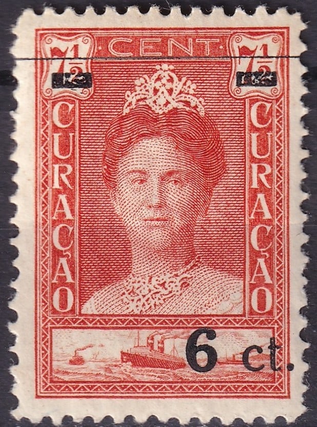 1929 Curaçao 6c Wilhelmina Jubilee Surcharge (Scott 106): Issued on 1 November 1929 for the 30th anniversary of Queen Wilhelmina’s accession, this finely engraved 6-cent surcharged stamp from Curaçao forms part of a commemorative series adapted from earli