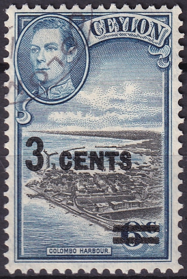 1941 Ceylon King George VI Colombo Harbour 3 Cents SG 398: This 1941 Ceylon 3 Cents stamp belongs to the King George VI and Views series, one of the most admired engraved issues of the colonial period that combined royal portraiture with detailed landscape sc