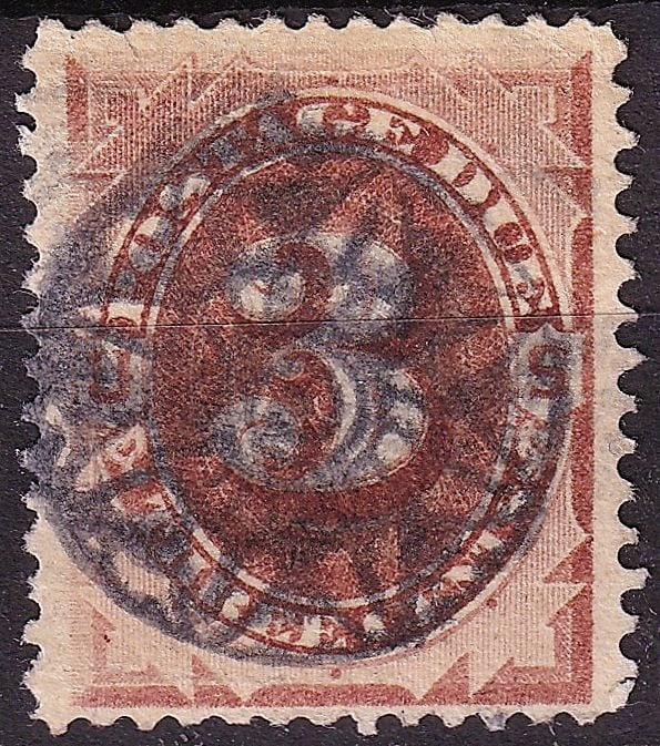 1879 USA 3 cent Postage Due Stamp, Brown, ABNCo, Line Perf 12, Fancy Cancel Scott J3 (1 of 2)