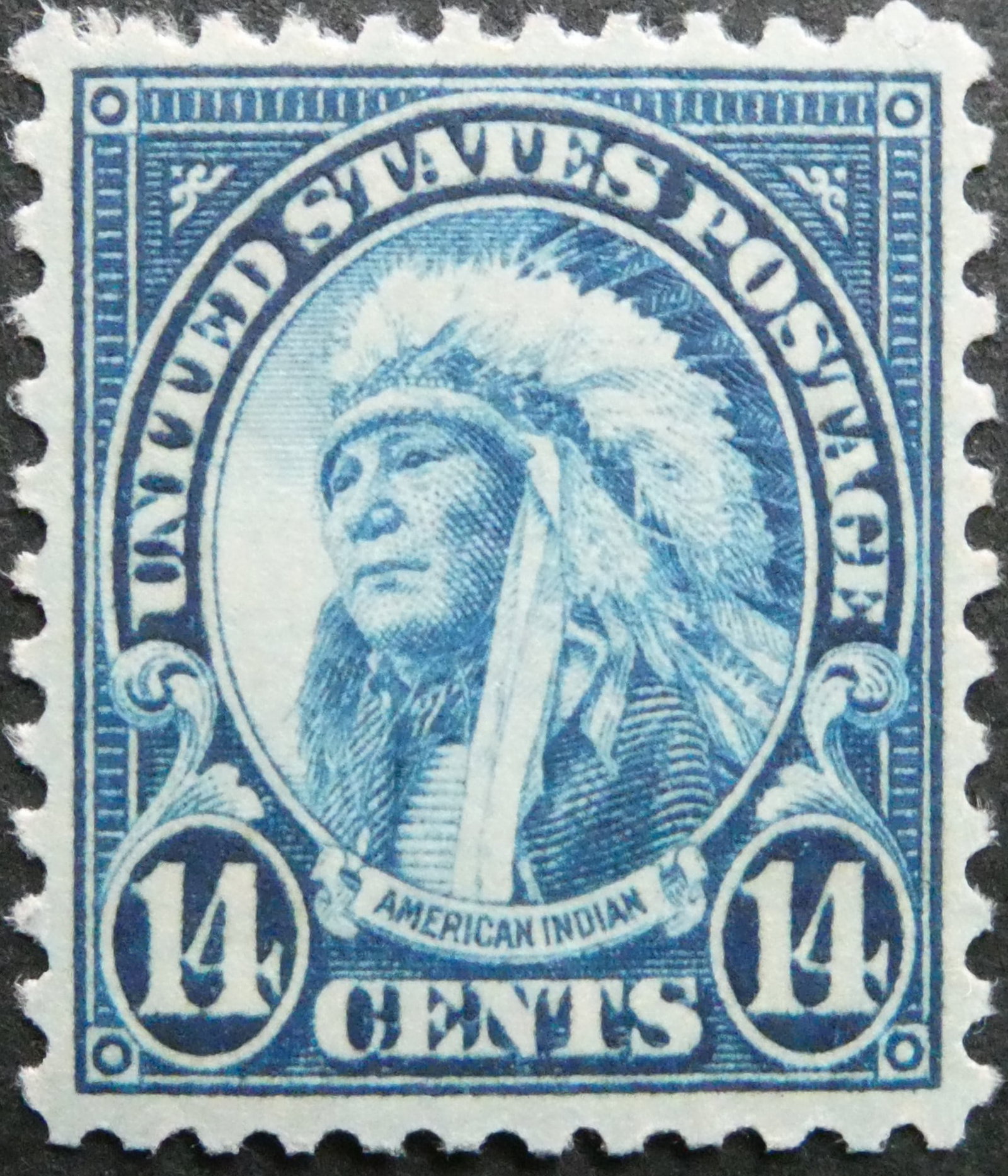 1923 14c American Indian Definitive, Blue, MNH, Scott 565: Issued in 1923, this 14-cent blue definitive stamp from the United States features a powerful and dignified portrait of Hollow Horn Bear, a Brul? Lakota chief, wearing a traditional feathered headdres