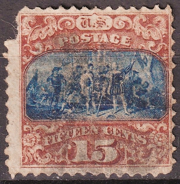 1869 USA 15c Landing of Columbus blue-brown, G Grill, Scott 118 (1 of 2)