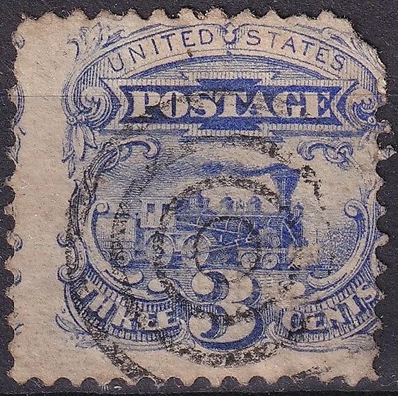 1869 U.S. Pictorial Issue, Locomotive ultramarine 3 c, Scott 114: Issued on March 27, 1869, this 3 cent ultramarine stamp from the celebrated 1869 Pictorial Issue of the United States features a detailed engraving of a Baldwin 4-4-0 steam locomotive, a symbol of Ame