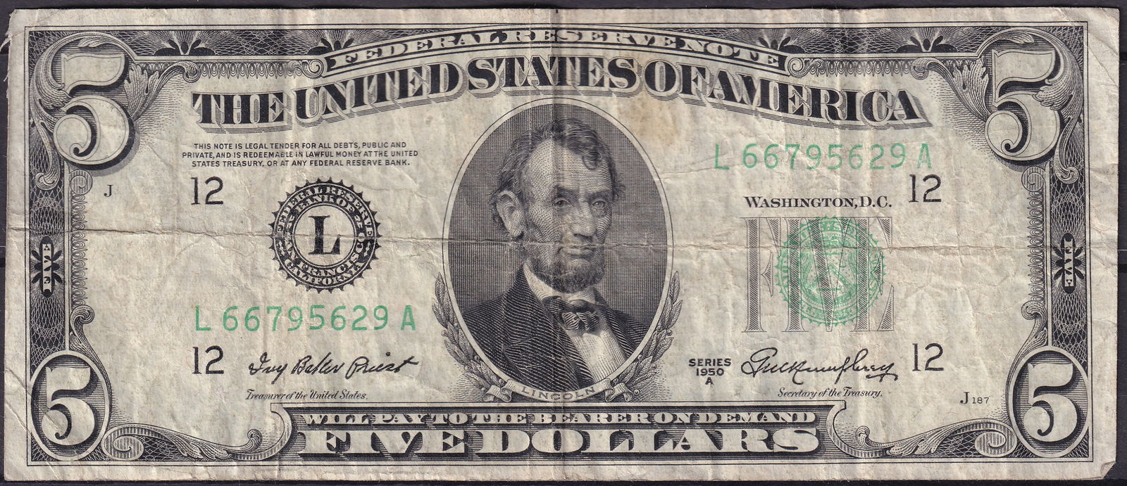 United States 1950-A $5 Federal Reserve Note – Lincoln – SCWPM 207a (1 of 2)