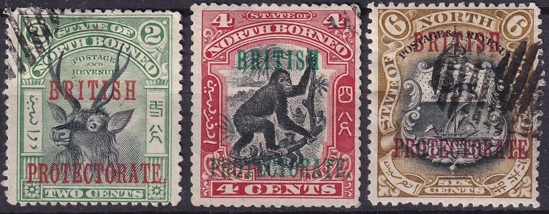 North Borneo 1897–1902 "British Protectorate" Overprint Pictorials, Scott 129–131: This attractive group of three stamps from the State of North Borneo, issued between 1897 and 1902, belongs to the celebrated pictorial definitive series later overprinted "British Protectorate." The 