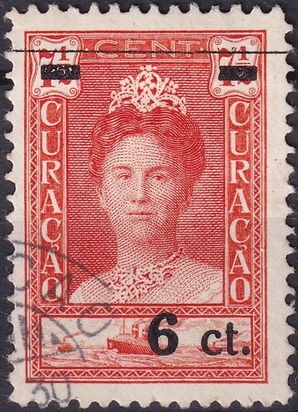 Curaçao 1929 Queen Wilhelmina 6 Cent Red with Surcharge “6 ct.?? (Scott AN106, Michel NL-CW: Issued on November 1, 1929, this striking provisional surcharge stamp from Curaçao belongs to the extended “30th Anniversary of the Accession of Queen Wilhelmina” issue, originally released b