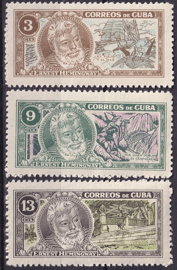 Cuba 1963 Ernest Hemingway Commemorative Set Scott 814-816: Issued on December 5, 1963, this striking commemorative set from Cuba honors Nobel Prize laureate Ernest Hemingway (1899–1961), who spent much of his later life on the island and drew inspiration fr