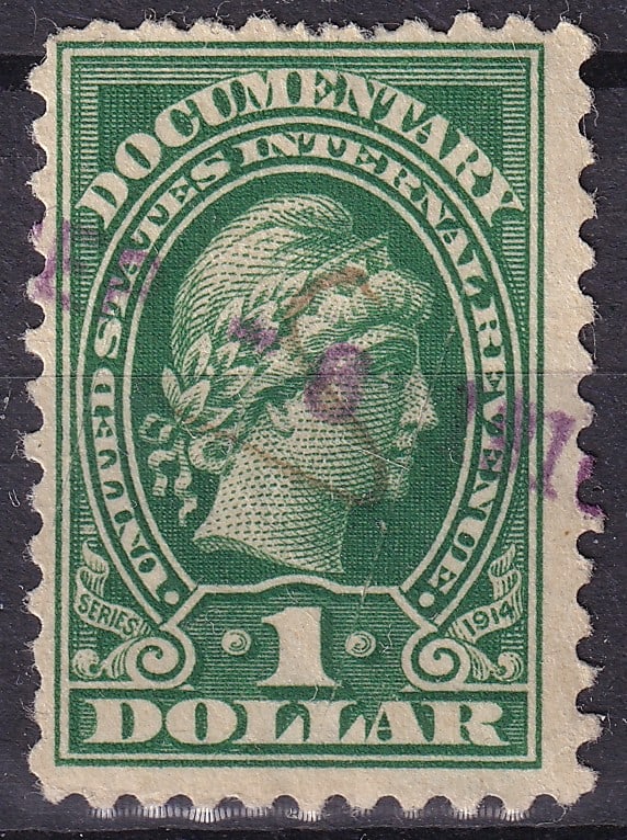 1917 USA 1 USD Documentary green "Liberty" Cancel 1918, Series 1941, Scott R240a: This $1 documentary revenue stamp from the United States was first issued in 1917 and remained in use through the 1940s, as indicated by the ?Series 1941” inscription. Printed using intaglio (en