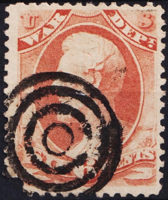1873 US War Department 3c stamp, Carmine with bold target cancel: This is an 1873 United States War Department official stamp, issued under the authority of the U.S. Post Office Department for use by the War Department. Denominated at three cents, the stamp is print