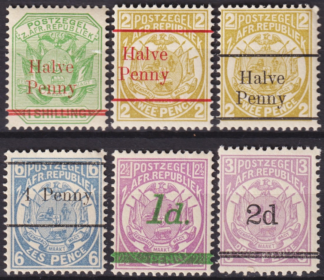 British South African 1893-1895 Surcharged Coat of Arms Issue, Scott 143-145, 163-141: This remarkable group of six surcharge issues from the Zuid-Afrikaansche Republiek (South African Republic) between 1893 and 1895 represents the transitional postal history of the Boer Republic in the