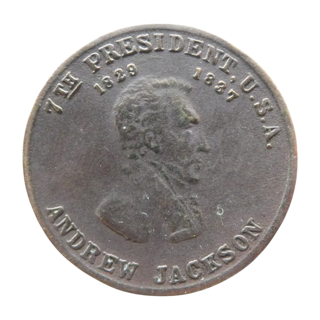 Andrew Jackson, 7th U.S. President Medal, Old Hickory. mid-20th Century: This mid-20th century commemorative bronze medal honors Andrew Jackson, the 7th President of the United States (1829–1837). The obverse features a right-facing bust of Jackson with the inscription "