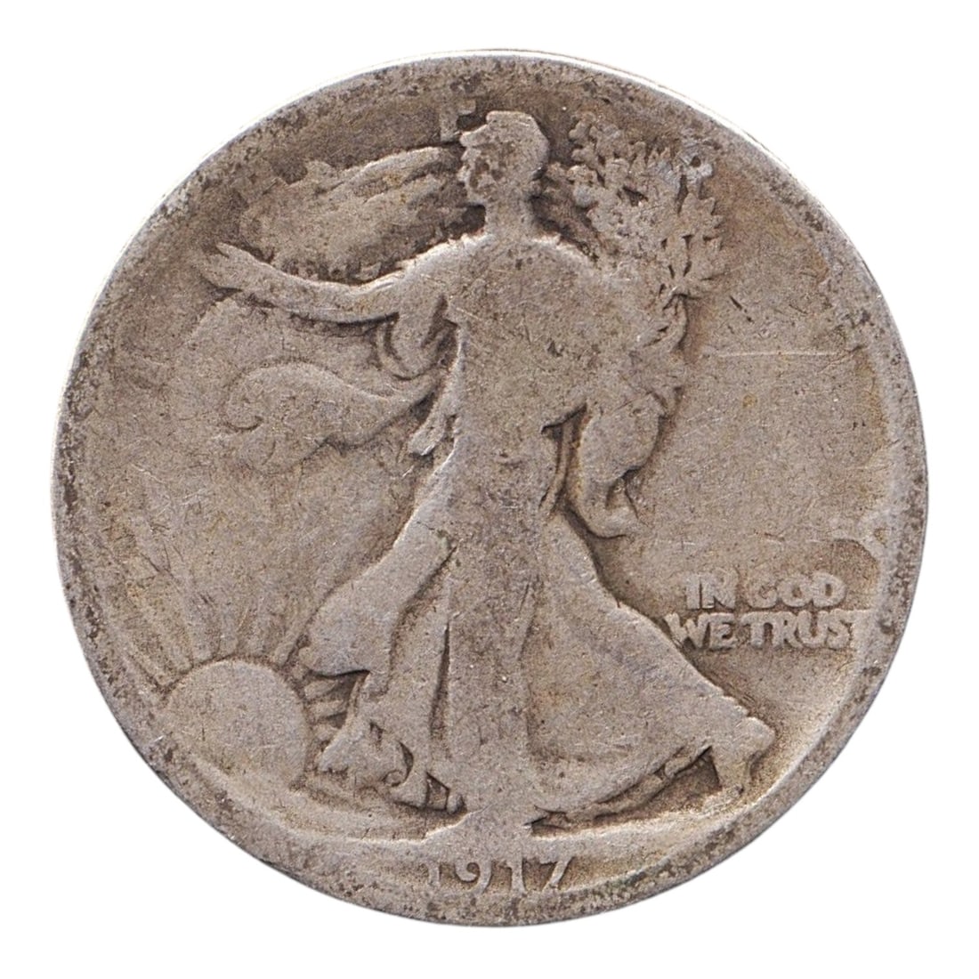 US 1917-S Walking Liberty Half Dollar, Silver Coin: Struck in 1917 at the San Francisco Mint, this Walking Liberty Half Dollar is an iconic example of early 20th-century American numismatics. Designed by Adolph A. Weinman, the obverse features Lady Lib