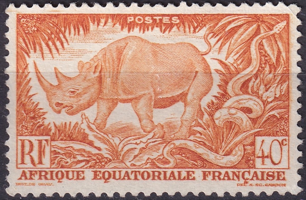 1947 French Equatorial Africa Rhinoceros Scott 168: This definitive 40 centime postage stamp was issued on 10 February 1947 for French Equatorial Africa as part of the postwar definitive series reflecting renewed administrative stability and economic n