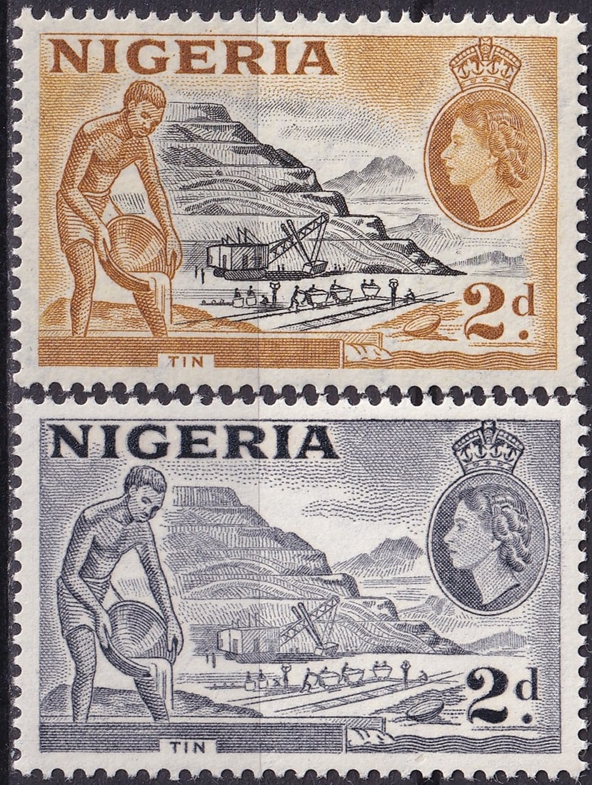 1953 1956 Nigeria QEII Tin Mining 2d Scott 83 93: This matched pair of Nigerian definitive stamps was issued in 1953 and 1956 during the reign of Queen Elizabeth II as part of the Country Motifs series reflecting the economic foundations and colonial