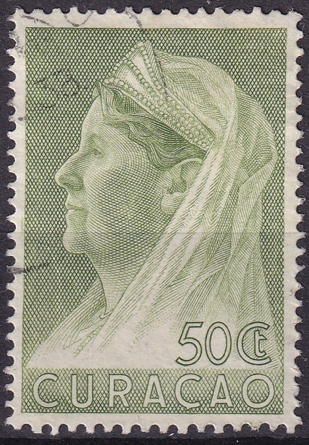 1936 Curacao Queen Wilhelmina With Veil 50c Michel NL-CW 157B: Issued in 1936 for the Netherlands Antilles, this definitive stamp from Curaçao depicts Queen Wilhelmina wearing the ceremonial veil, a dignified and iconic portrait that symbolizes the continuity of