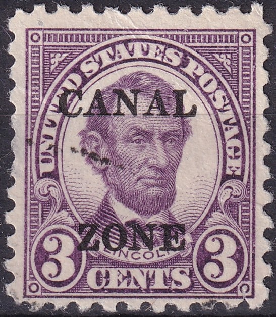 1927 Panama Canal Zone USA 3c Lincoln CANAL ZONE Scott US-CZ 98: This lot presents an original postage stamp of the Panama Canal Zone issued in 1927, featuring the iconic engraved portrait of Abraham Lincoln originally prepared for the general issues of the United 