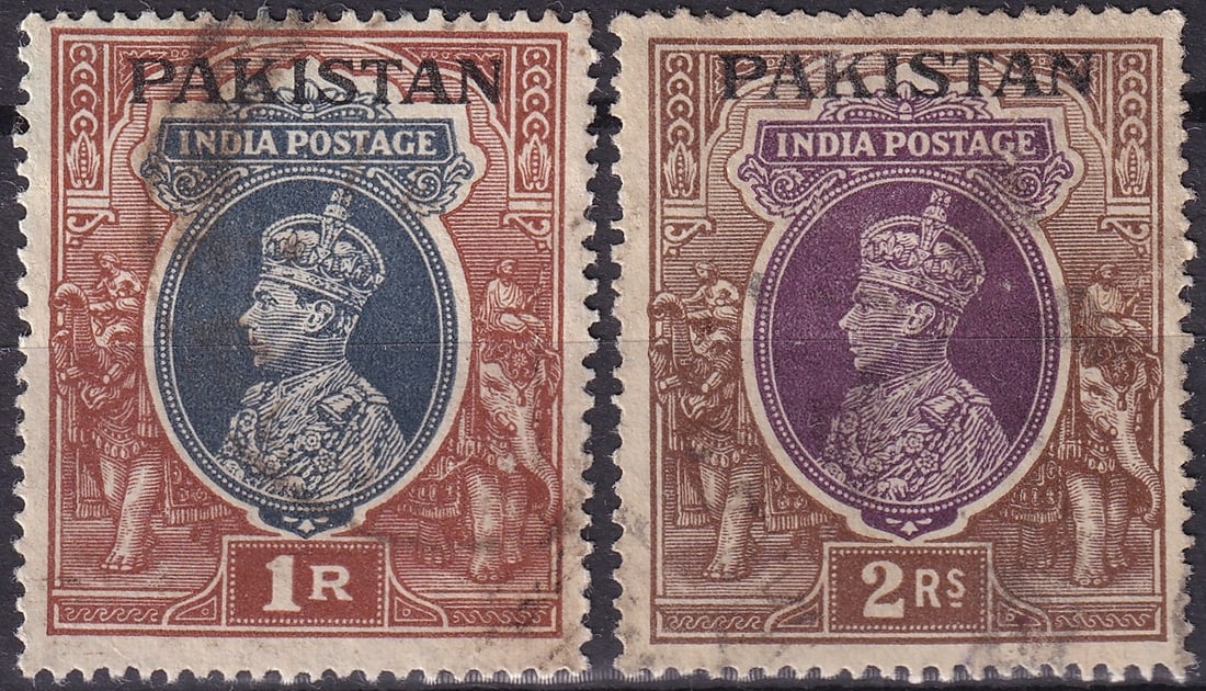 Pakistan 1947 KGVI Overprints 1R and 2R Definitives Michel PK 15 SG PK 15: This lot comprises two classic high-value definitive stamps of Pakistan issued in 1947, overprinted on Indian King George VI definitives shortly after independence, representing the earliest postal is